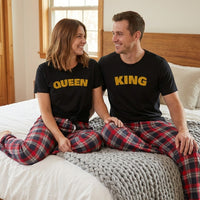 King & Queen Text - Couples Matching Pyjamas - Top & Tartan PJ Bottoms - (Sold Separately)