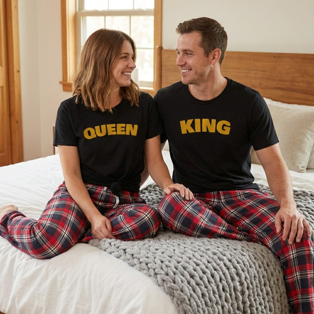 King & Queen Text - Couples Matching Pyjamas - Top & Tartan PJ Bottoms - (Sold Separately)