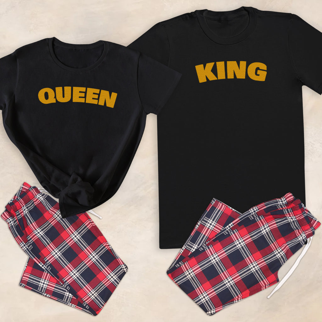 King & Queen Text - Couples Matching Pyjamas - Top & Tartan PJ Bottoms - (Sold Separately)
