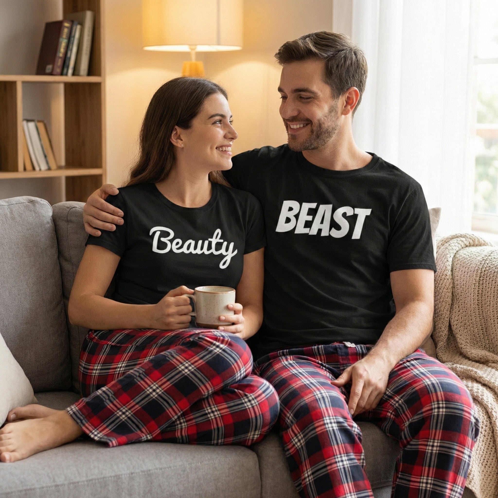 Beauty & Beast - Couples Matching Pyjamas - Top & Tartan PJ Bottoms - (Sold Separately)