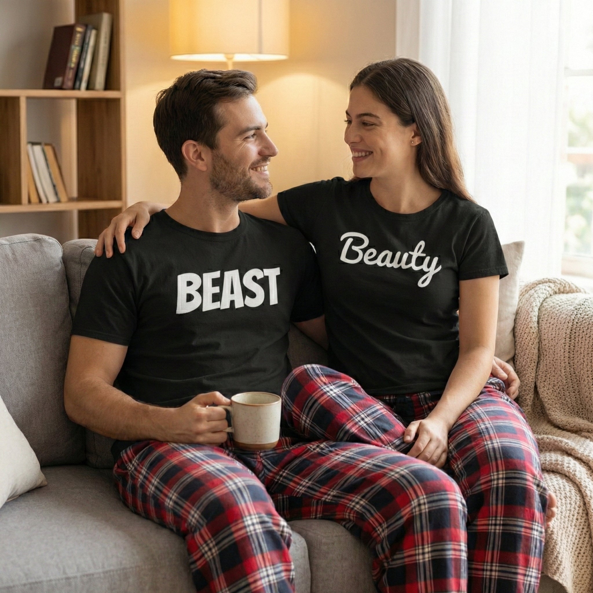 Beauty & Beast - Couples Matching Pyjamas - Top & Tartan PJ Bottoms - (Sold Separately)
