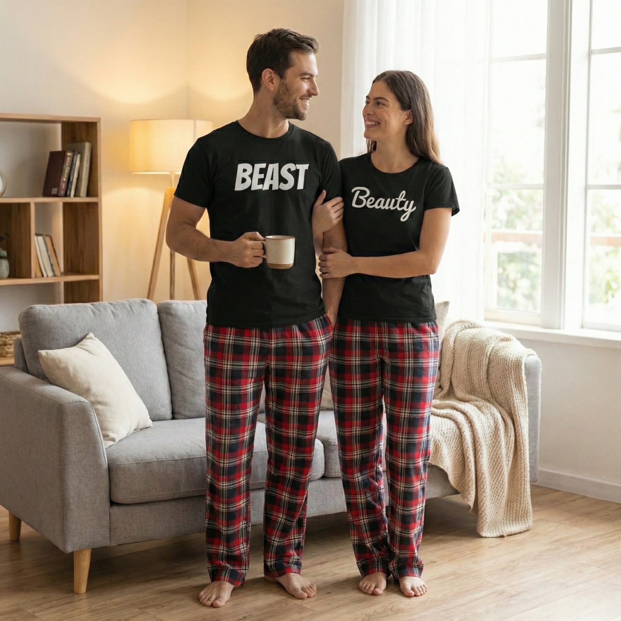 Beauty & Beast - Couples Matching Pyjamas - Top & Tartan PJ Bottoms - (Sold Separately)