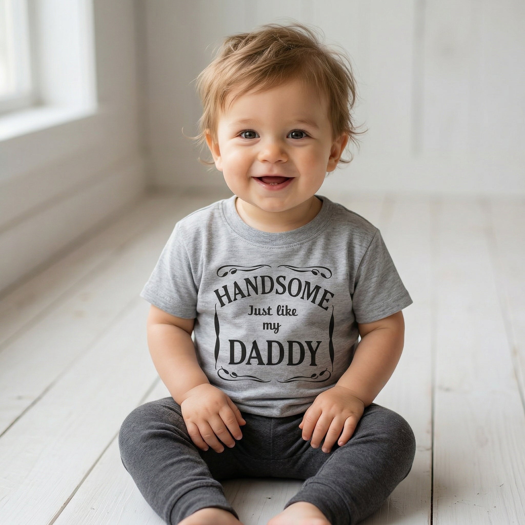 Handsome Like My Daddy Black Text - Grey Baby/Kids T-Shirt - 0 months to 5 yrs