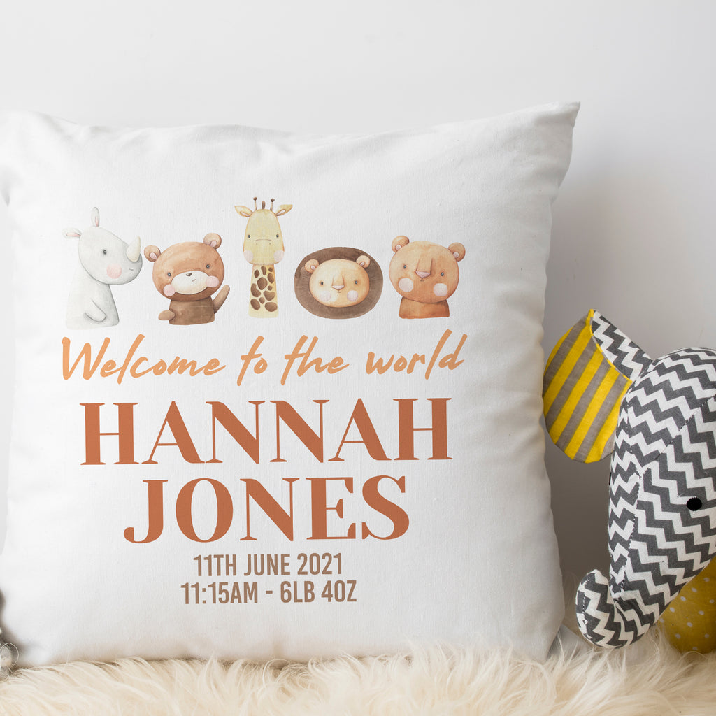 PERSONALISED Animals New Baby Name - Printed Cushion Cover