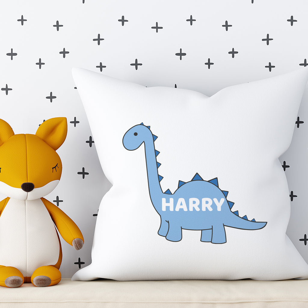 Personalised Name and Blue Dinosaur - Printed Cushion Cover