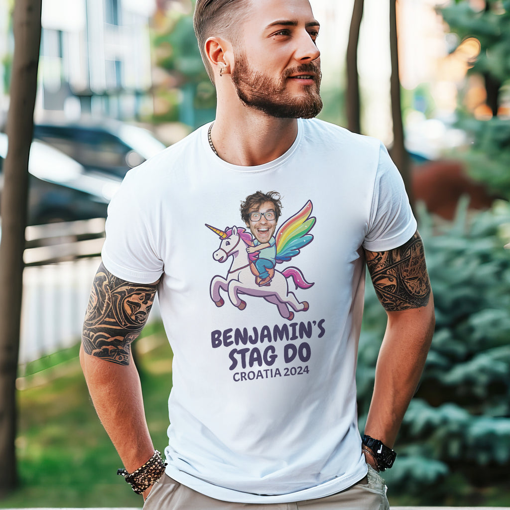 PERSONALISED Flying Unicorn & Photo Face - Stag Do T-Shirt