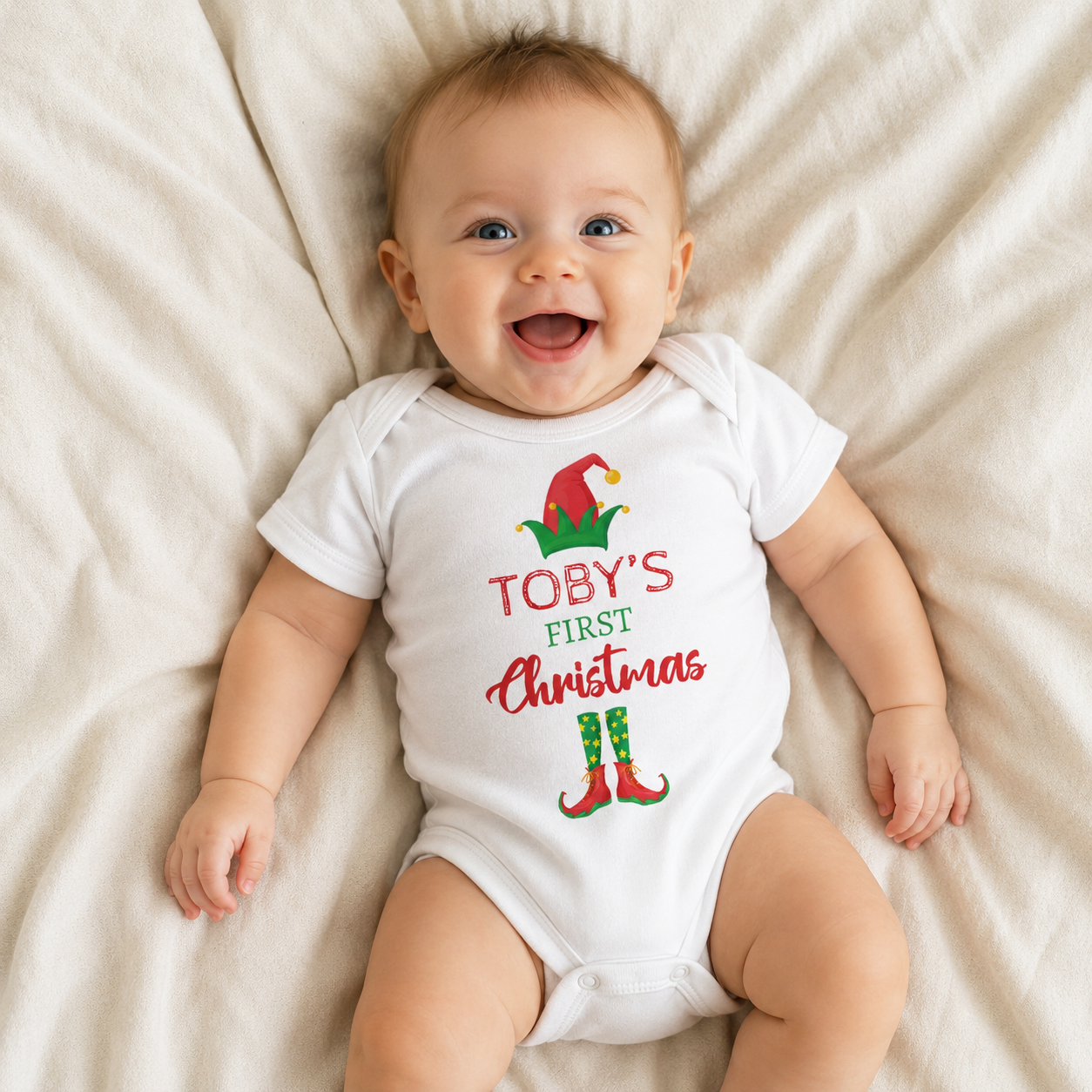 PERSONALISED First Christmas with Elf Hat & Boots - Baby Bodysuit & Baby T-Shirt