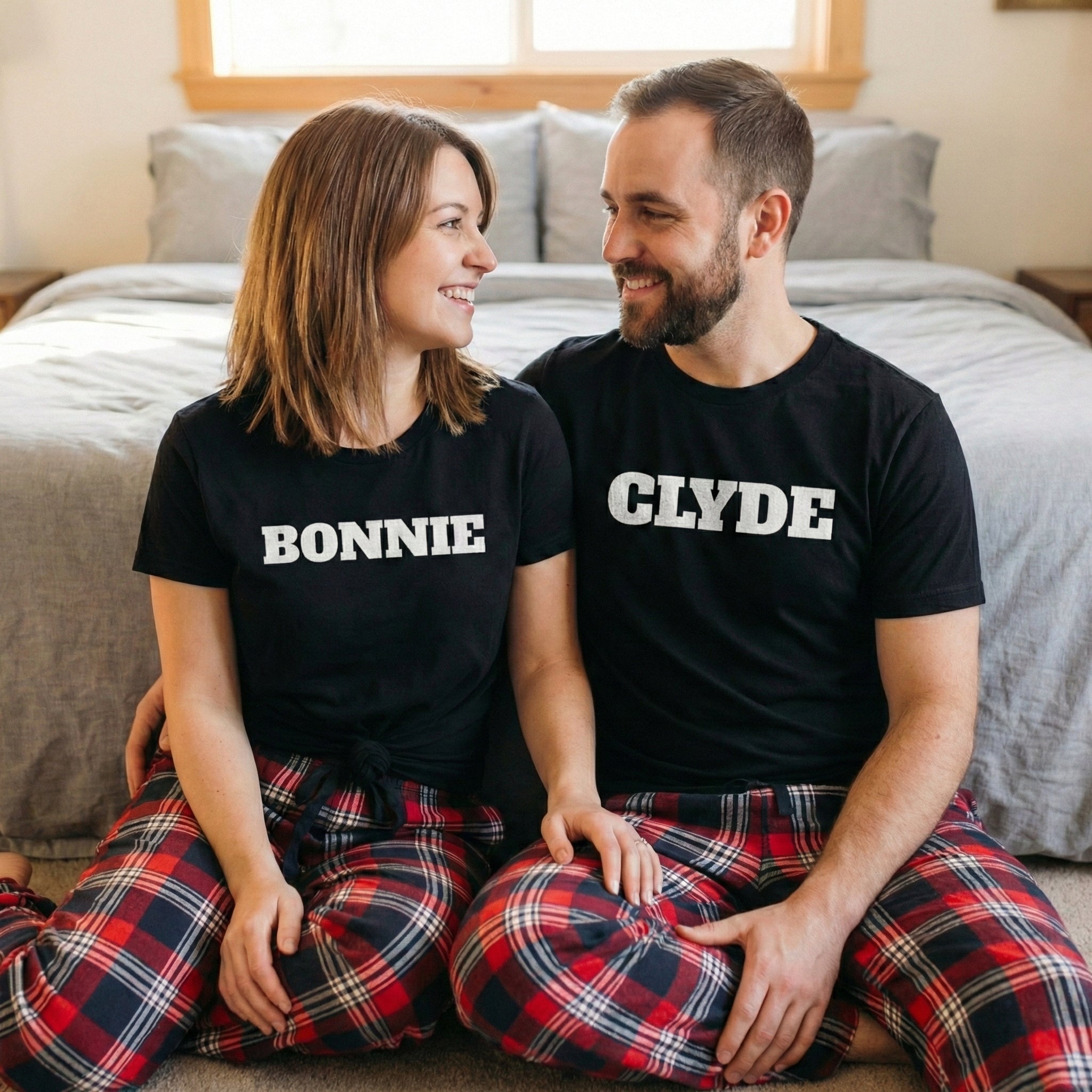 Bonnie & Clyde - Couples Matching Pyjamas - Top & Tartan PJ Bottoms - (Sold Separately)