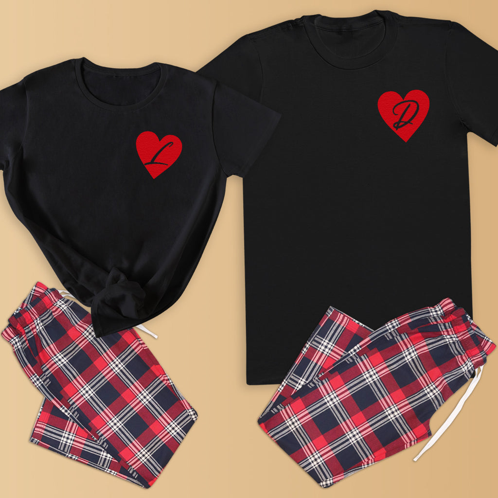 PERSONALISED Initial & Heart  - Couples Matching Pyjamas - Top & Tartan PJ Bottoms - (Sold Separately)