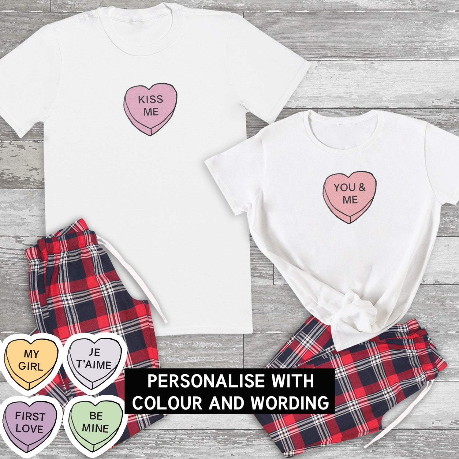PERSONALISED Heart Sweet Text Couples Matching Pyjamas Top