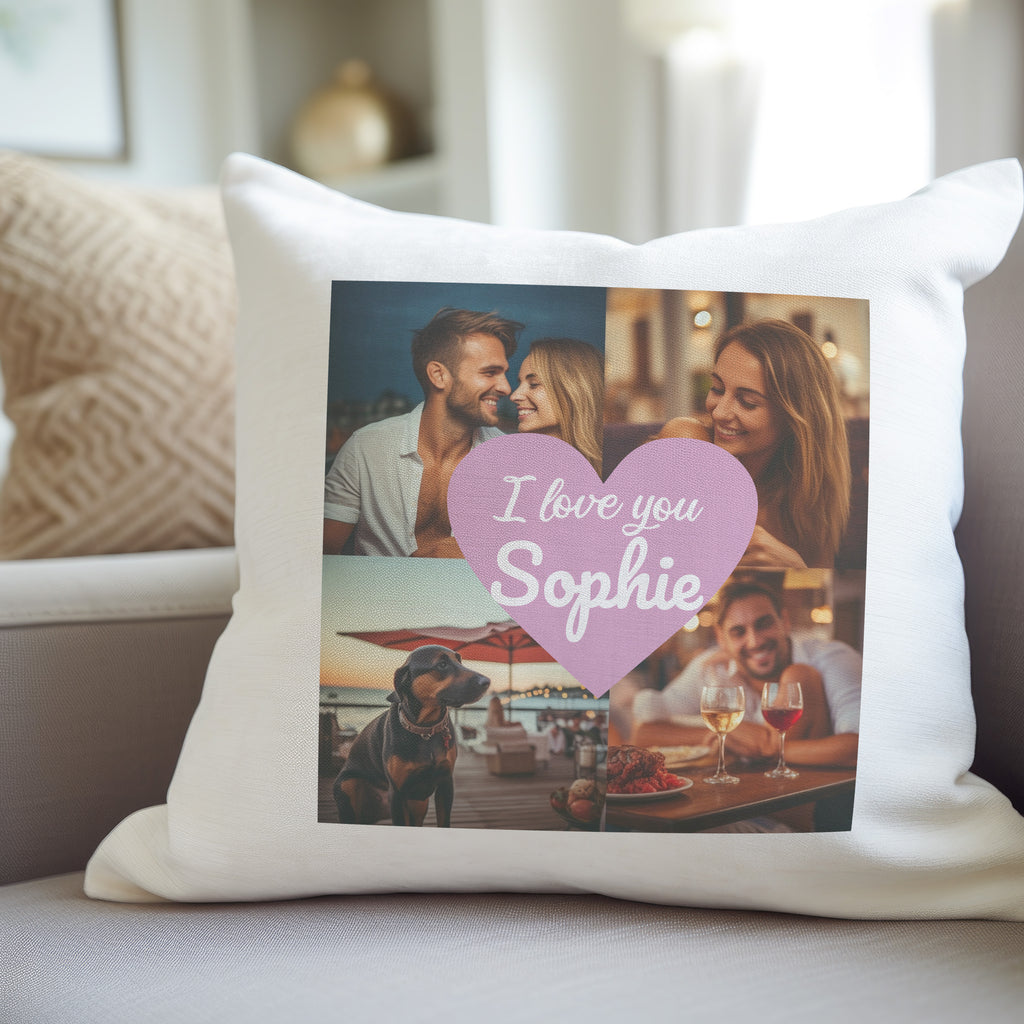 PERSONALISED 4 photos and Love You Text within Heart - Printed Cushion Cover