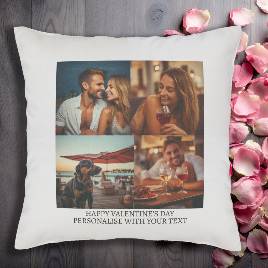 PERSONALISED 4 photos and Valentine's Text - Printed Cushion Cover