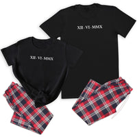 PERSONALISED Roman Numerals Date - Couples Matching Pyjamas - Top & Tartan PJ Bottoms - (Sold Separately)