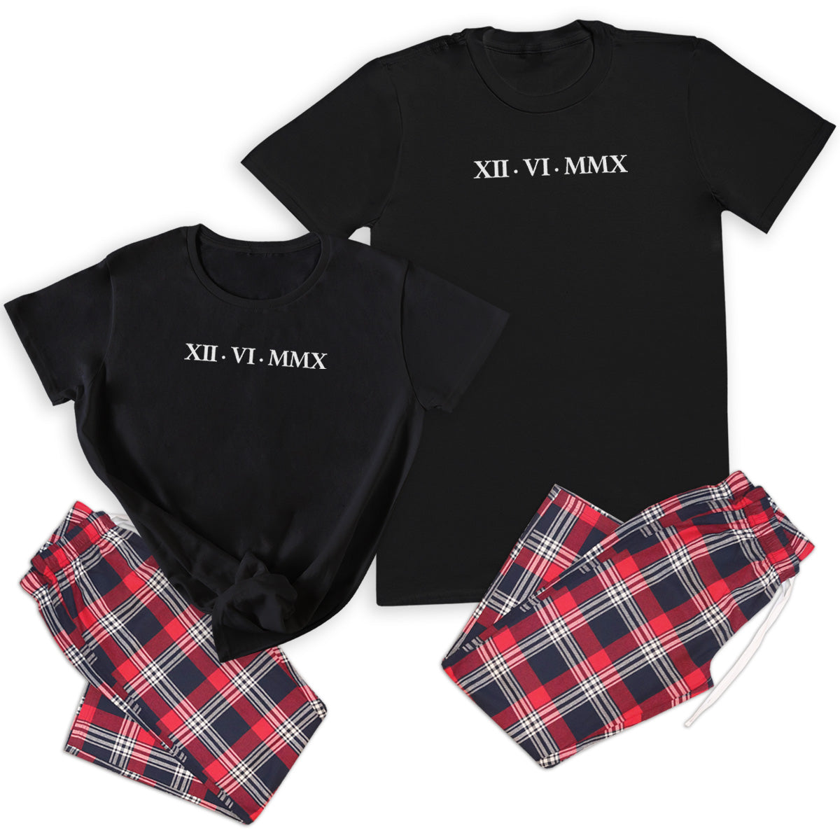PERSONALISED Roman Numerals Date - Couples Matching Pyjamas - Top & Tartan PJ Bottoms - (Sold Separately)