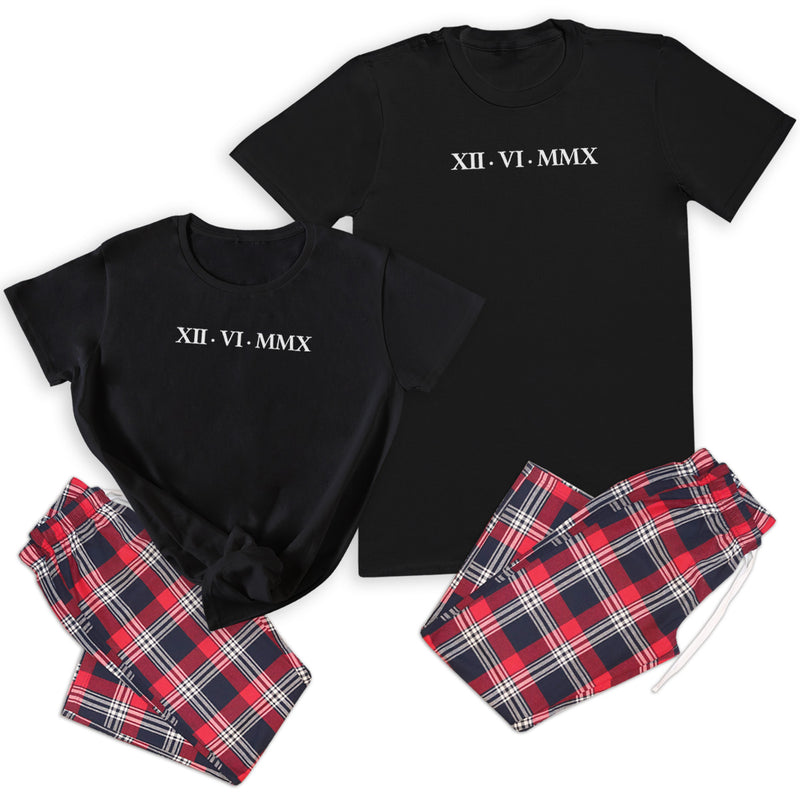 PERSONALISED Roman Numerals Date - Couples Matching Pyjamas - Top & Tartan PJ Bottoms - (Sold Separately)