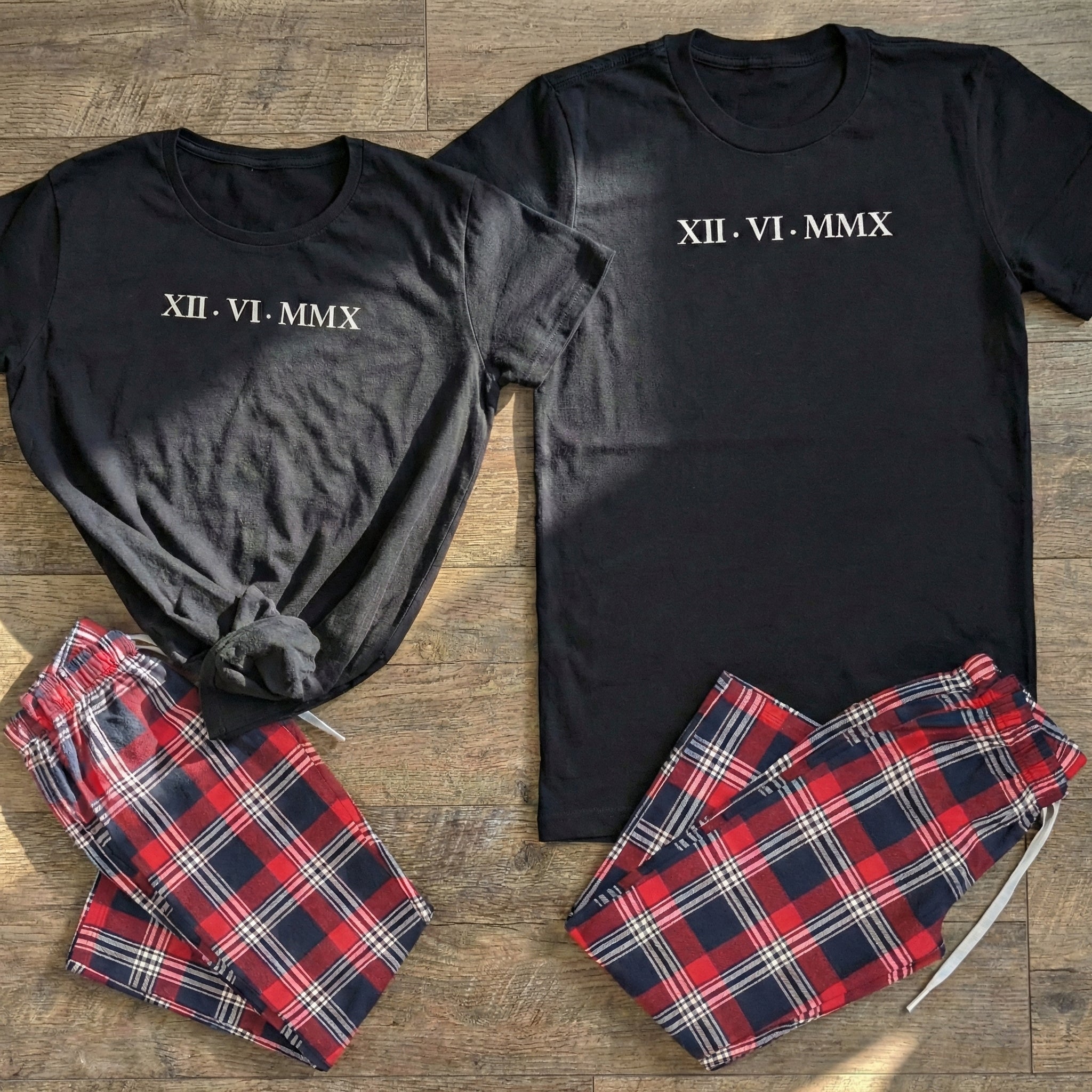 PERSONALISED Roman Numerals Date - Couples Matching Pyjamas - Top & Tartan PJ Bottoms - (Sold Separately)
