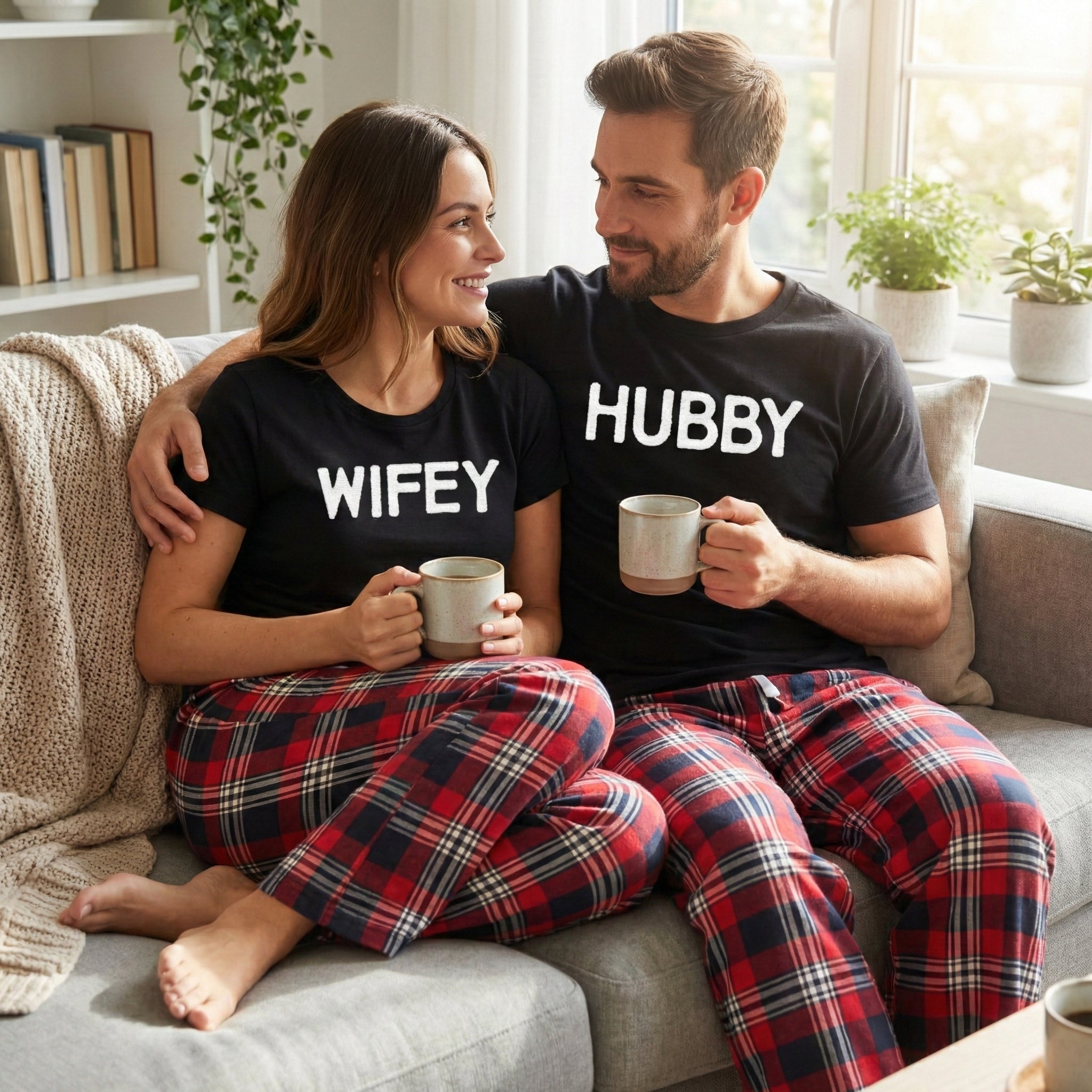 PERSONALISED Hubby & Wifey - Couples Matching Pyjamas - Top & Tartan PJ Bottoms - (Sold Separately)