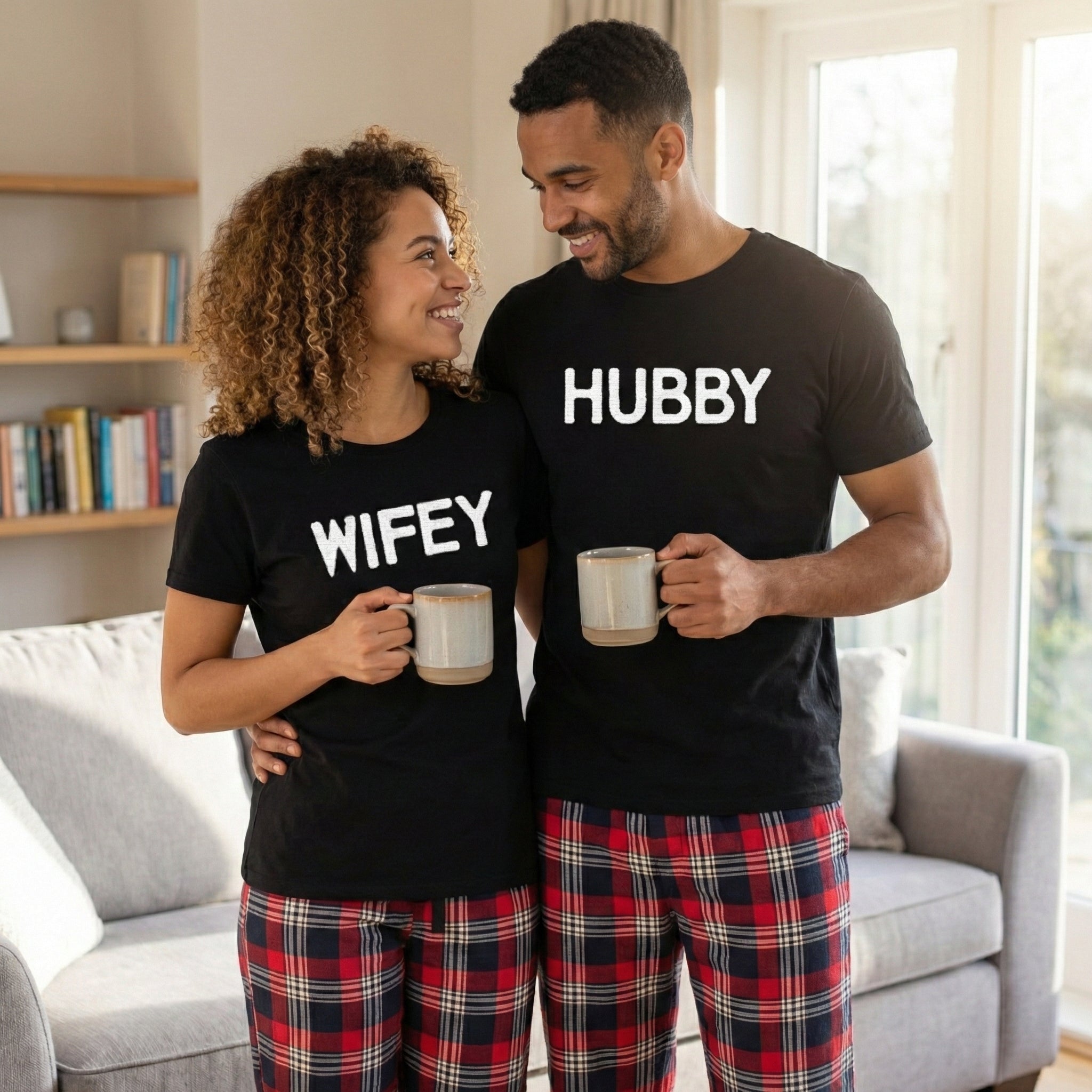 PERSONALISED Hubby & Wifey - Couples Matching Pyjamas - Top & Tartan PJ Bottoms - (Sold Separately)