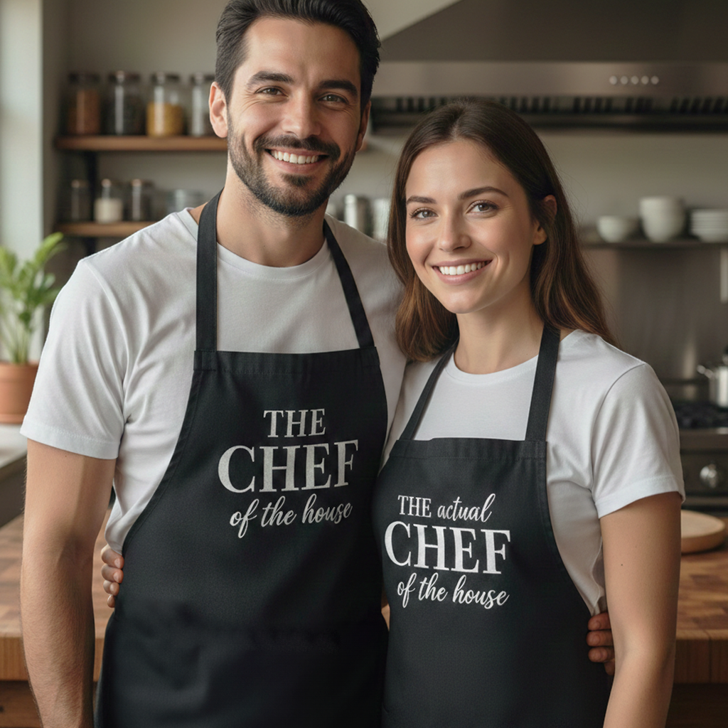 The Chef & The Real Chef Of The Kitchen - Printed Aprons Set x2 - One Size