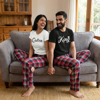 King & Queen Crown - Couples Matching Pyjamas - Top & Tartan PJ Bottoms - (Sold Separately)