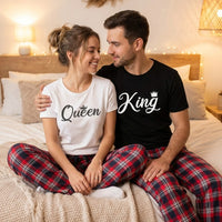 King & Queen Crown - Couples Matching Pyjamas - Top & Tartan PJ Bottoms - (Sold Separately)