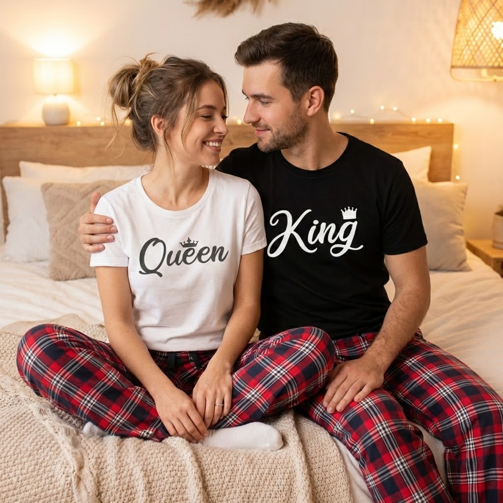 King & Queen Crown - Couples Matching Pyjamas - Top & Tartan PJ Bottoms - (Sold Separately)