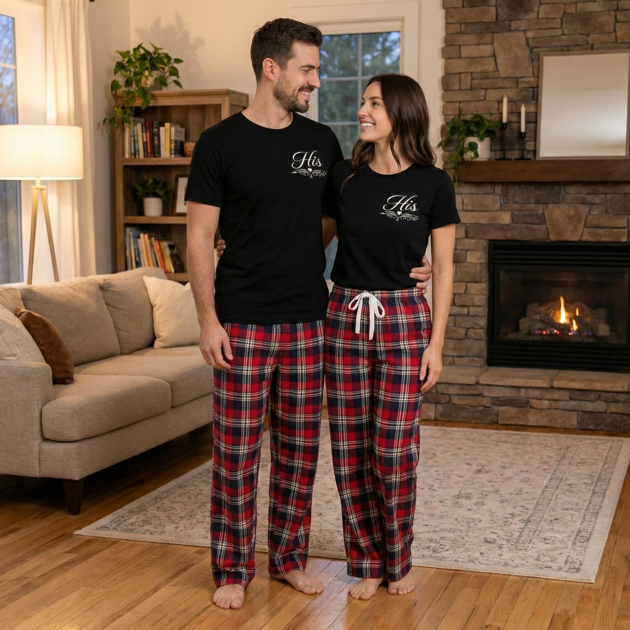 His & Hers Logo - Couples Matching Pyjamas - Top & Tartan PJ Bottoms - (Sold Separately)