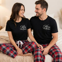 His & Hers Logo - Couples Matching Pyjamas - Top & Tartan PJ Bottoms - (Sold Separately)
