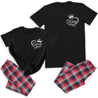 King & Queen in Heart Logo - Couples Matching Pyjamas - Top & Tartan PJ Bottoms - (Sold Separately)