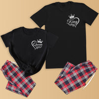 King & Queen in Heart Logo - Couples Matching Pyjamas - Top & Tartan PJ Bottoms - (Sold Separately)