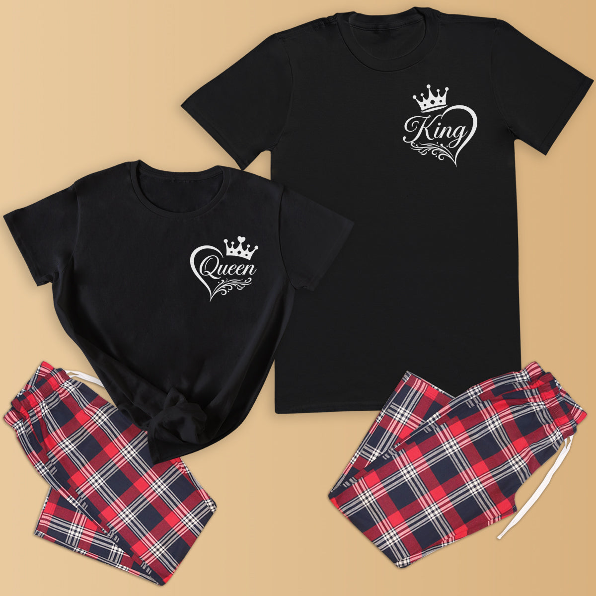 King & Queen in Heart Logo - Couples Matching Pyjamas - Top & Tartan PJ Bottoms - (Sold Separately)
