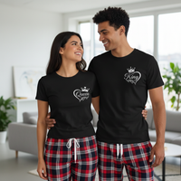 King & Queen in Heart Logo - Couples Matching Pyjamas - Top & Tartan PJ Bottoms - (Sold Separately)
