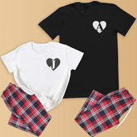 PERSONALISED Heart and Initial - White or Black T-Shirts - Couples Matching Pyjamas - Top & Tartan PJ Bottoms - (Sold Separately)