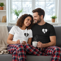 PERSONALISED Heart and Initial - White or Black T-Shirts - Couples Matching Pyjamas - Top & Tartan PJ Bottoms - (Sold Separately)