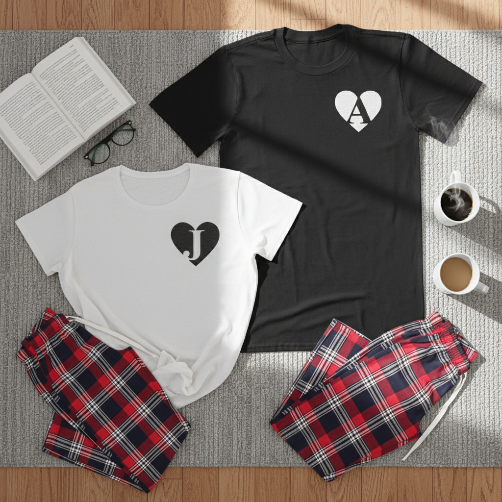 PERSONALISED Heart and Initial - White or Black T-Shirts - Couples Matching Pyjamas - Top & Tartan PJ Bottoms - (Sold Separately)