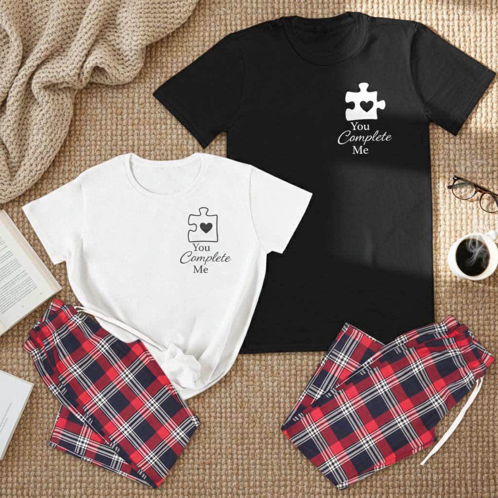 You Complete Me - Couples Matching Pyjamas - Top & Tartan PJ Bottoms - (Sold Separately)