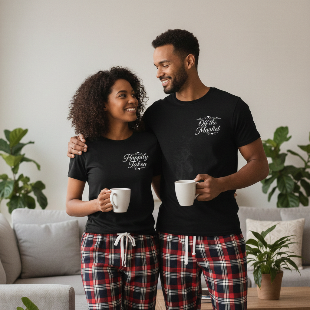 Happily Taken and Off The Market - Couples Matching Pyjamas - Top & Tartan PJ Bottoms - (Sold Separately)
