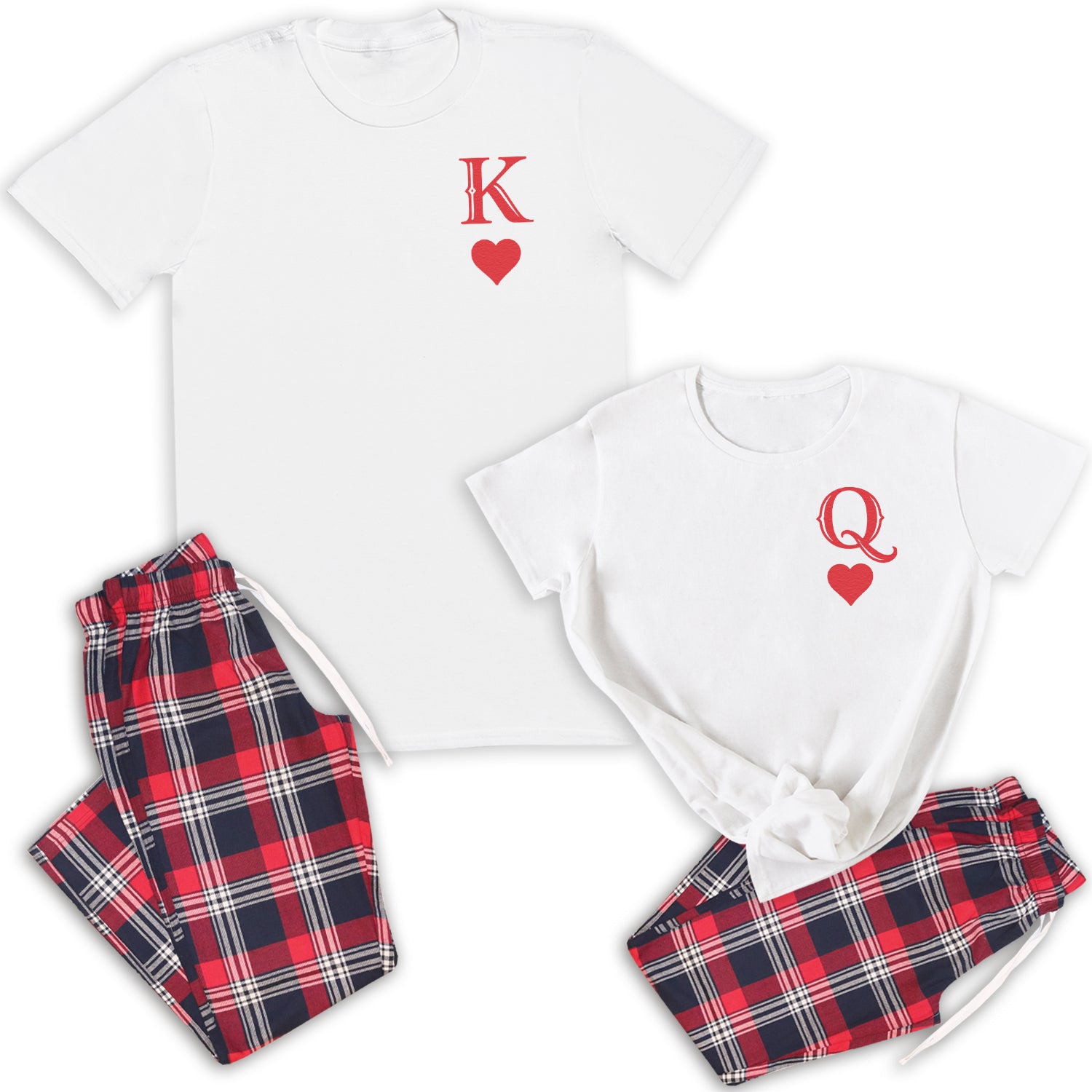 King & Queen Logo in Red - Couples Matching Pyjamas - Top & Tartan PJ Bottoms - (Sold Separately)