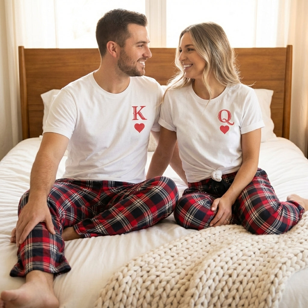 King & Queen Logo in Red - Couples Matching Pyjamas - Top & Tartan PJ Bottoms - (Sold Separately)