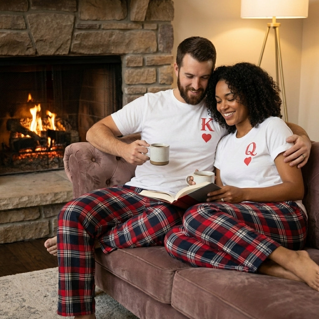 King & Queen Logo in Red - Couples Matching Pyjamas - Top & Tartan PJ Bottoms - (Sold Separately)