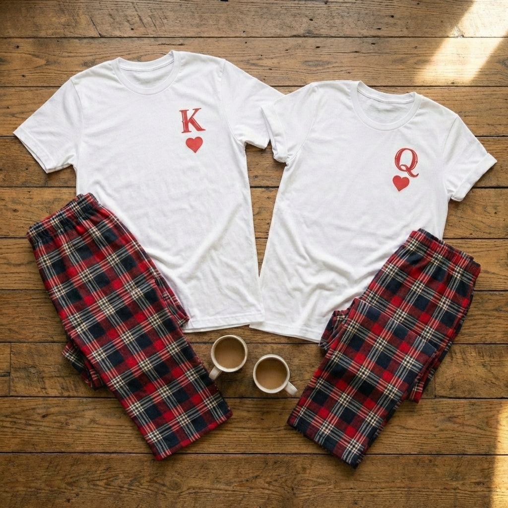 King & Queen Logo in Red - Couples Matching Pyjamas - Top & Tartan PJ Bottoms - (Sold Separately)