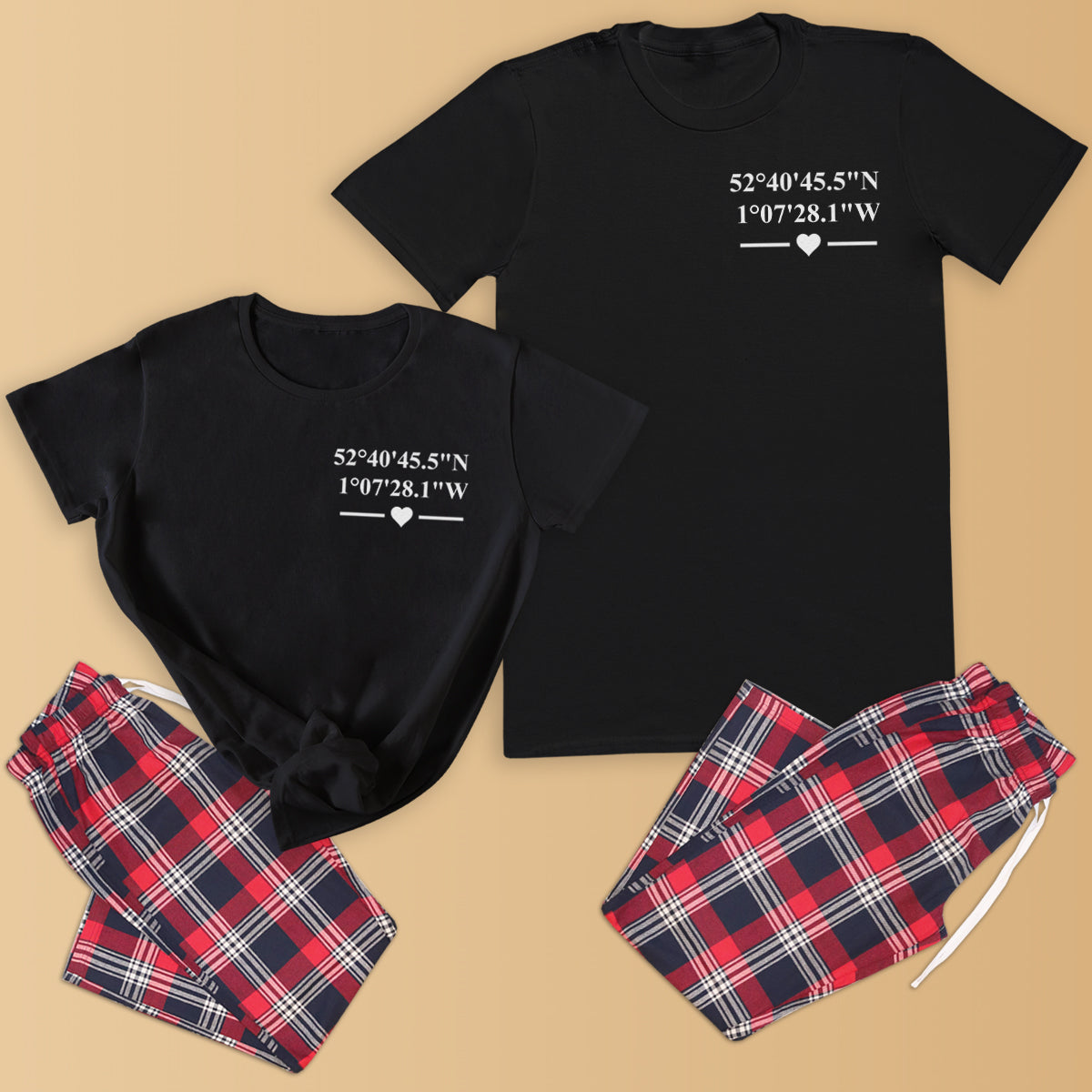 PERSONALISED Co-ordinates Memorable Location - Couples Matching Pyjamas - Top & Tartan PJ Bottoms - (Sold Separately)