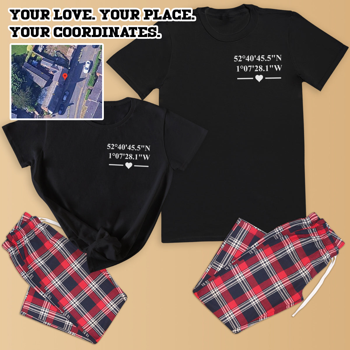 PERSONALISED Co-ordinates Memorable Location - Couples Matching Pyjamas - Top & Tartan PJ Bottoms - (Sold Separately)