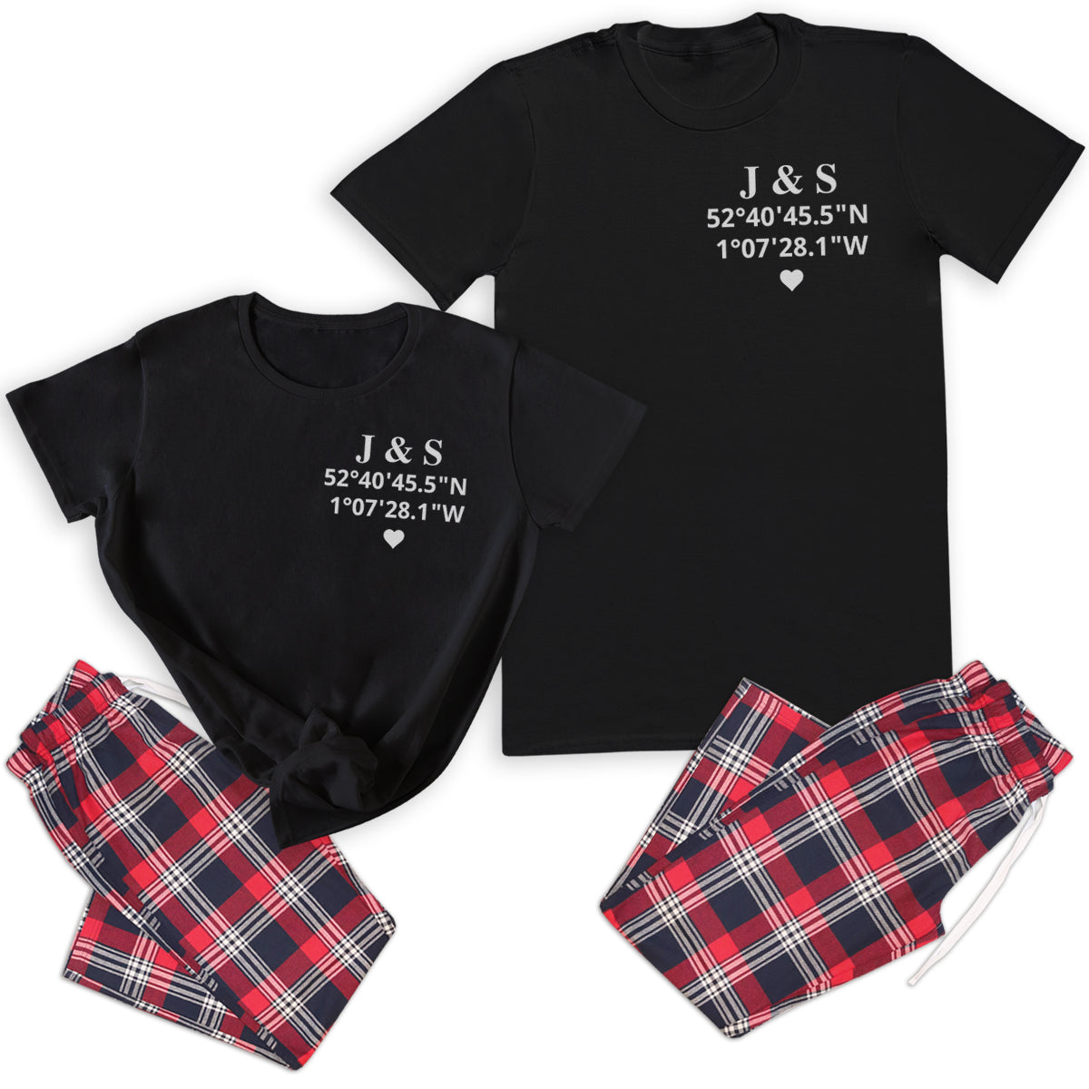 PERSONALISED Initials and Co-ordinates Memorable Location - Couples Matching Pyjamas - Top & Tartan PJ Bottoms - (Sold Separately)