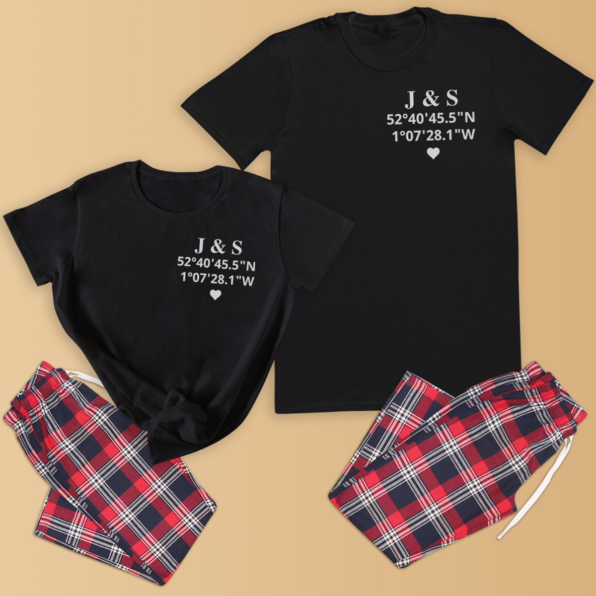 PERSONALISED Initials and Co-ordinates Memorable Location - Couples Matching Pyjamas - Top & Tartan PJ Bottoms - (Sold Separately)