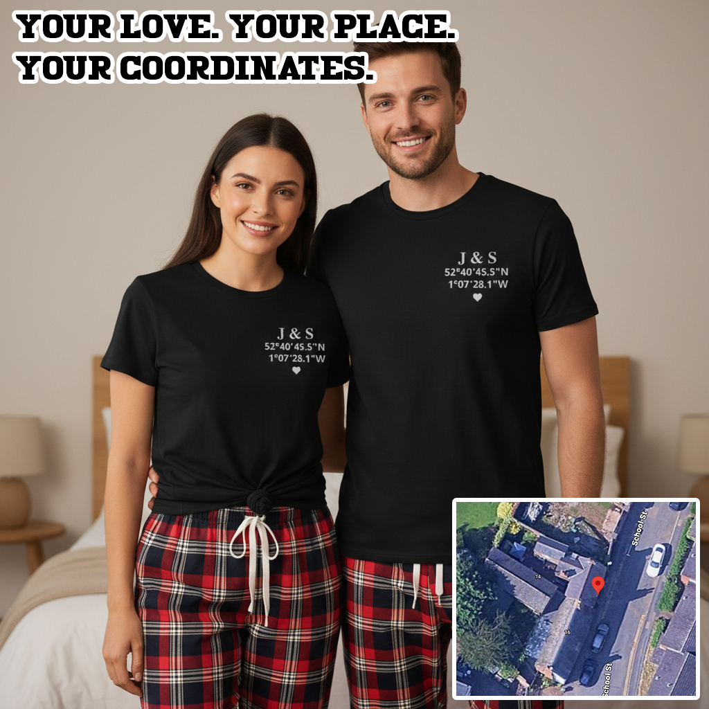 PERSONALISED Initials and Co-ordinates Memorable Location - Couples Matching Pyjamas - Top & Tartan PJ Bottoms - (Sold Separately)