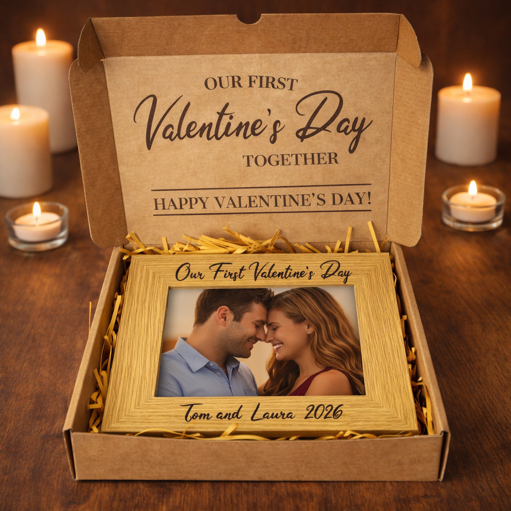 PERSONALISED Our First Valentine's Day Names & Date - Wooden Photo Frame with Photo