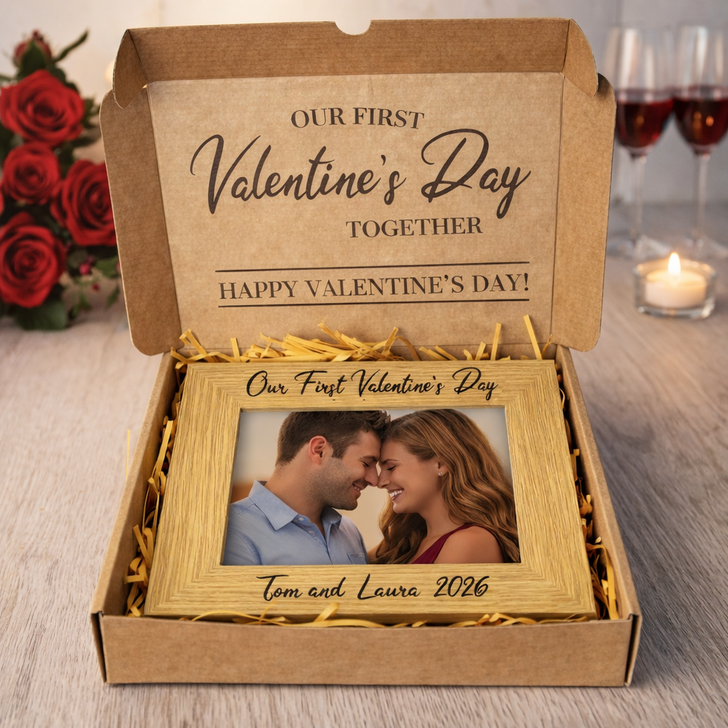 PERSONALISED Our First Valentine's Day Names & Date - Wooden Photo Frame with Photo