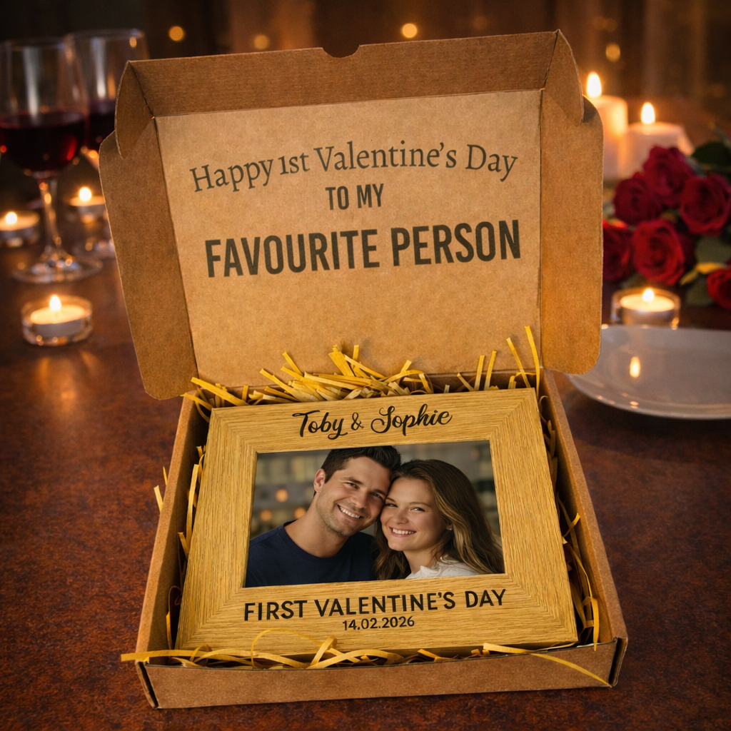 PERSONALISED First Valentine's Day with Date - Wooden Photo Frame with Photo