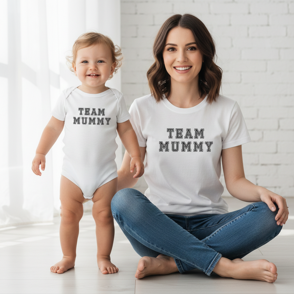 Team Mummy - Baby T-Shirt & Bodysuit / Mum T-Shirt Matching Set - (Sold Separately)